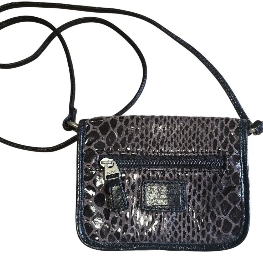 Fossil Mini Snakeskin Embossed Leather Small Crossbody Bag Turn Lock Zipper